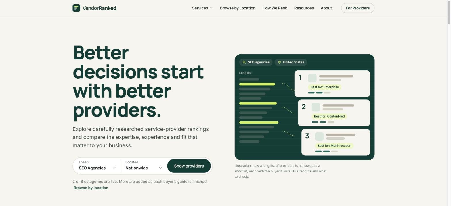 VendorRanked.com homepage screenshot